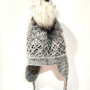 Handmade Grey Crochet Earflap Hat with Removable Faux Fur Pompom